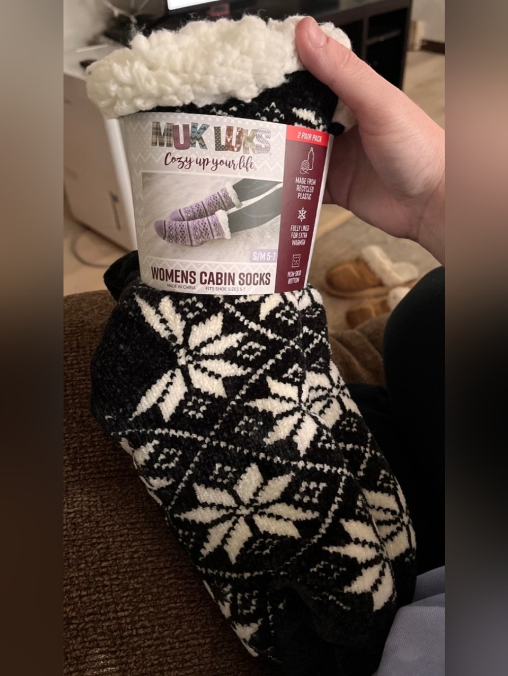 Muk Luks Black & White Fair Isle Cabin Socks Size S/M